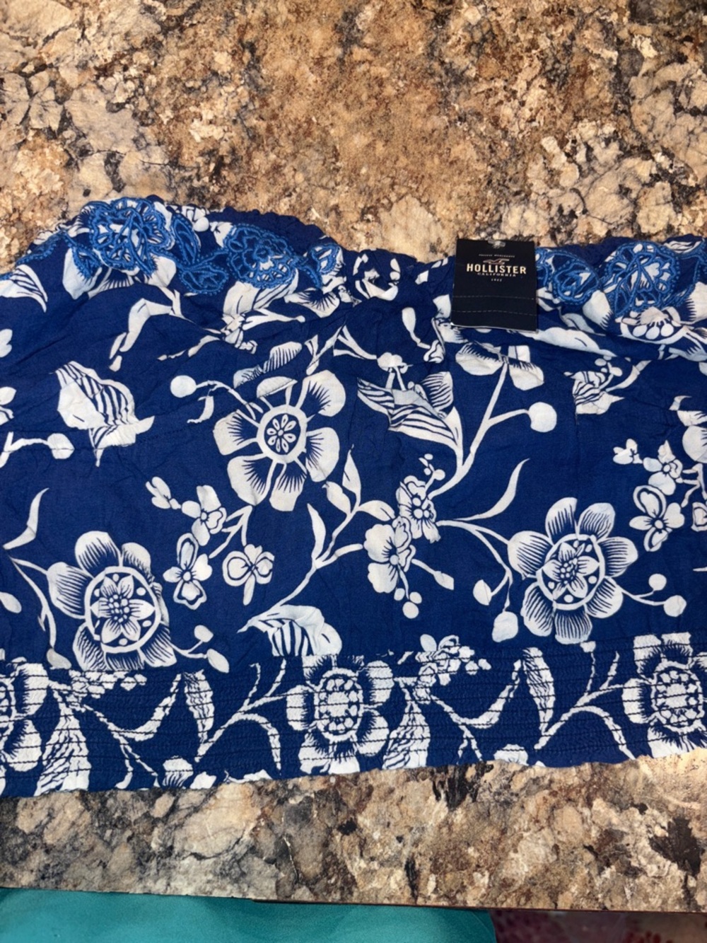 Hollister Navy Blue and White Floral Strapless Top